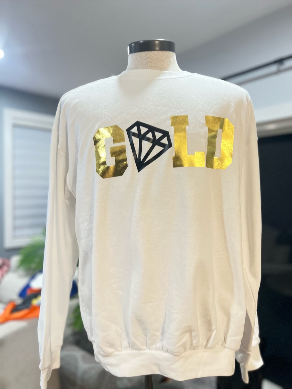 Anvil White Crewneck Sweater with Gold Foil 'GOLD' Graphic
